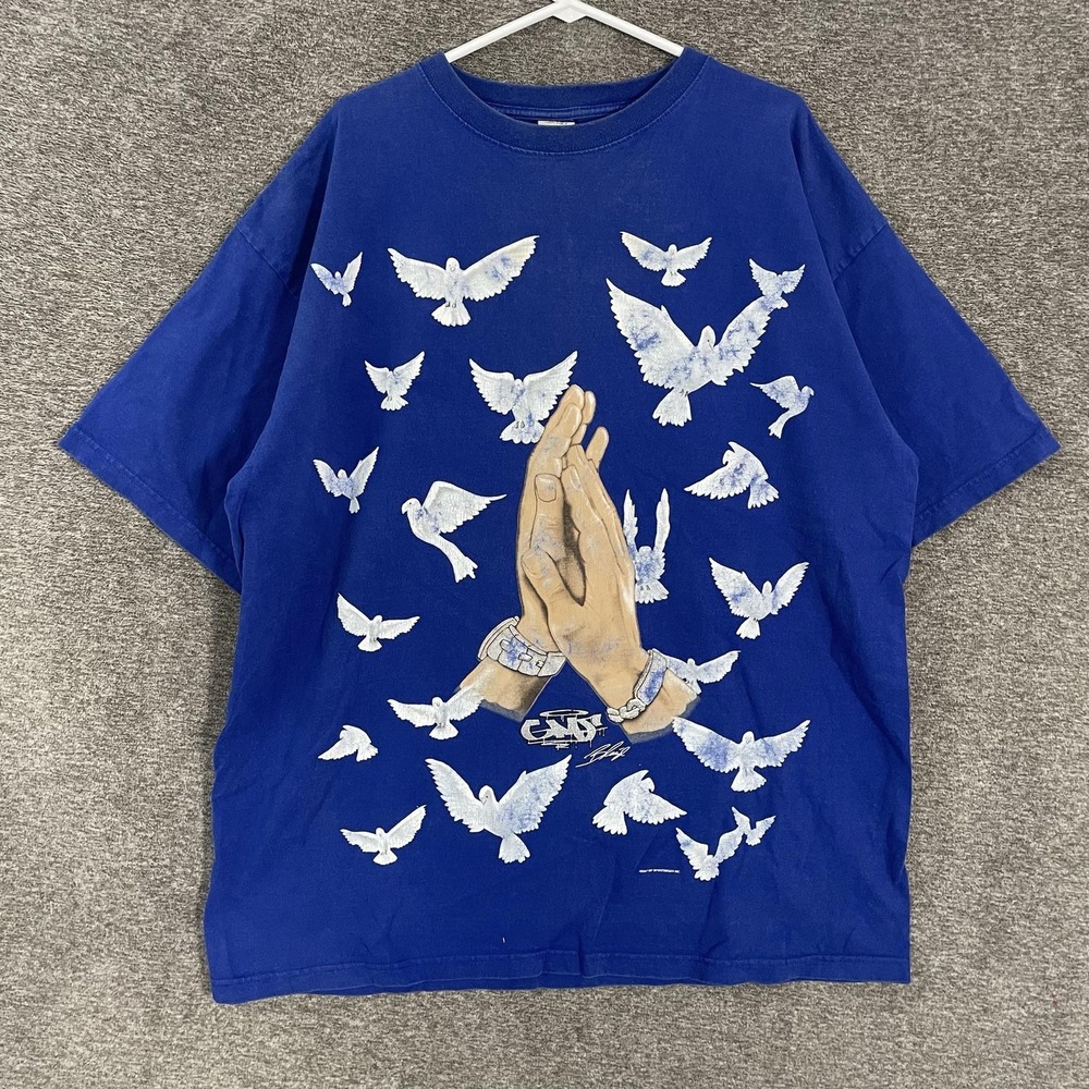 GiveMeFace Shirt Mens 2XL Blue Praying Hands Dove Graphic T-Shirt Y2K Streetwear